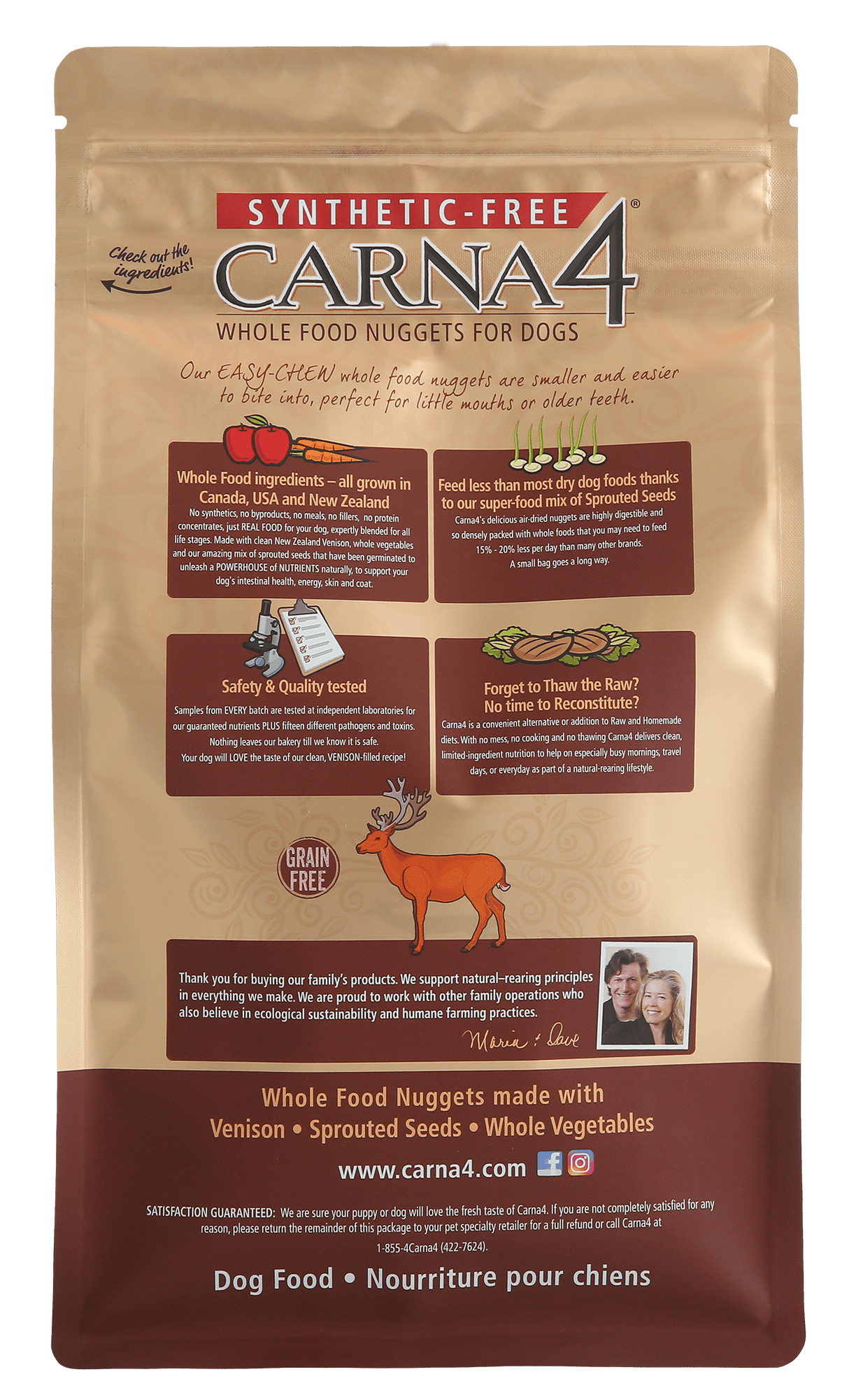 Carna 4 whole food nuggets for dogs, venison, venison liver, eggs, sprouted seeds 10LB