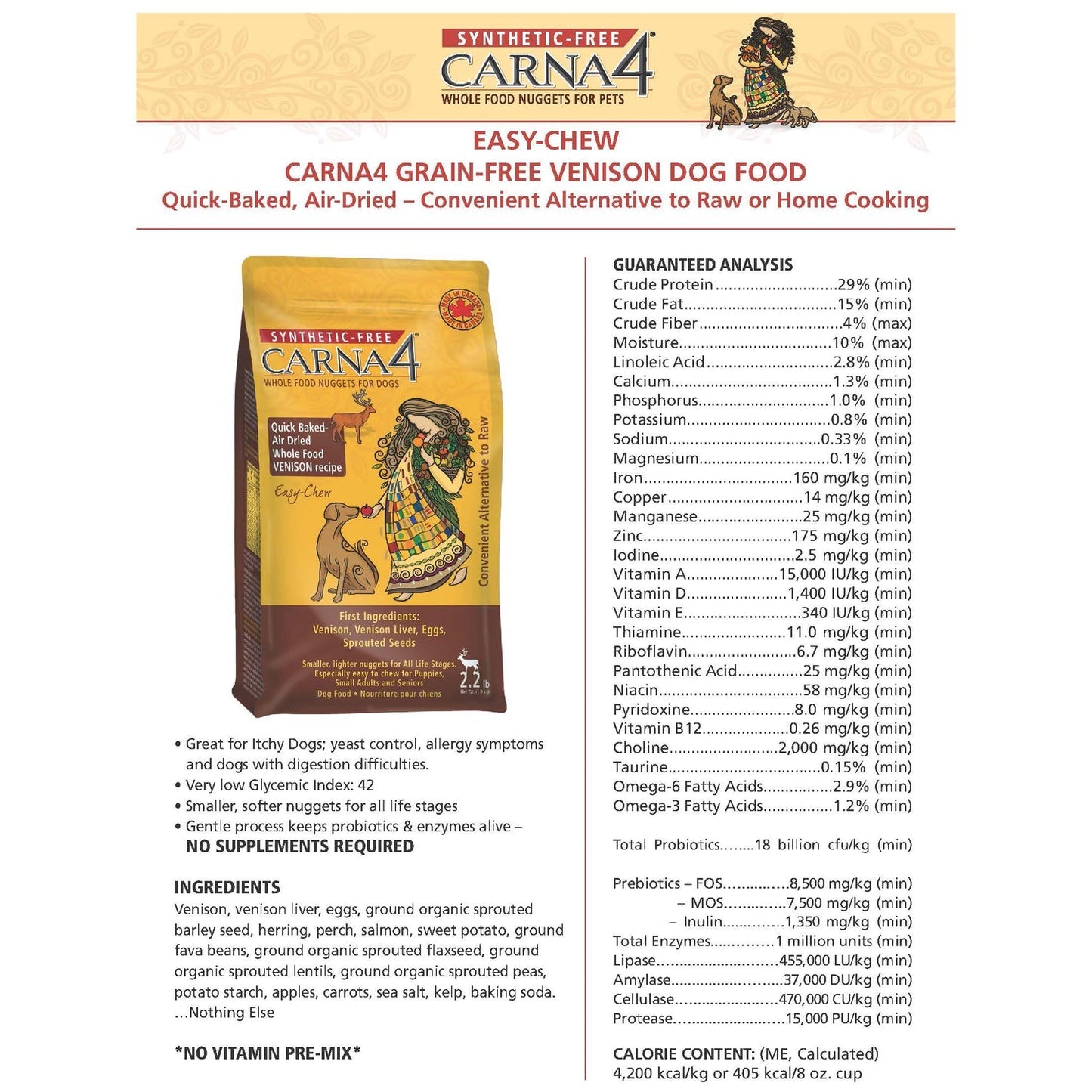 Carna 4 whole food nuggets for dogs, venison, venison liver, eggs, sprouted seeds 10LB