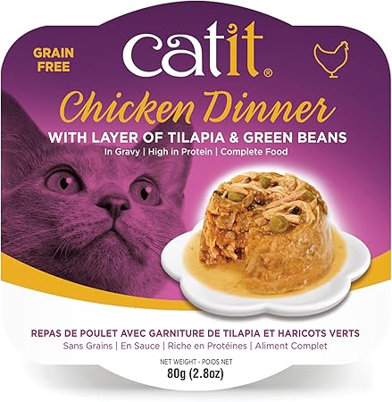 Catit chicken dinner with layer of tilapia and green beans