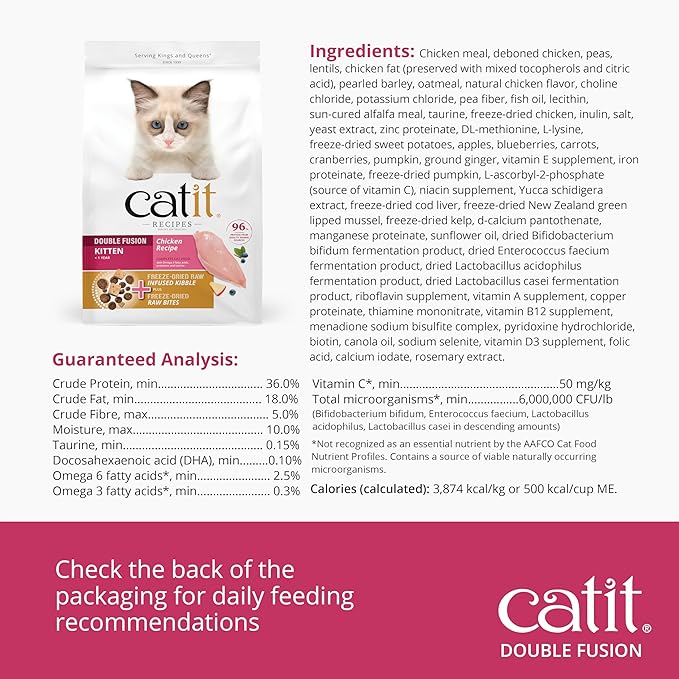 Catit Recipes Double Fusion Kitten Food – Chicken Recipe, 96% Animal Protein, Freeze - Dried Raw Toppings, No by - Products, High - Nutrient Wet & Dry Blend for Healthy Growth, 4 lb