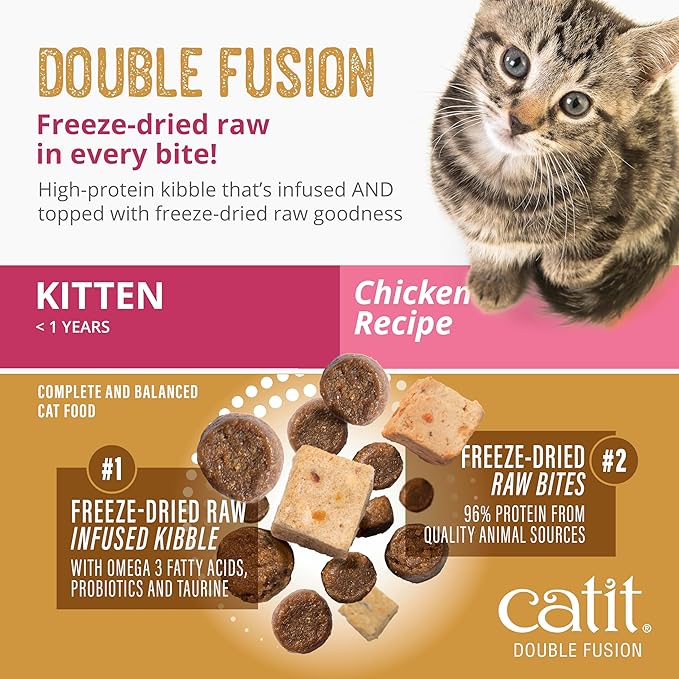 Catit Recipes Double Fusion Kitten Food – Chicken Recipe, 96% Animal Protein, Freeze - Dried Raw Toppings, No by - Products, High - Nutrient Wet & Dry Blend for Healthy Growth, 4 lb
