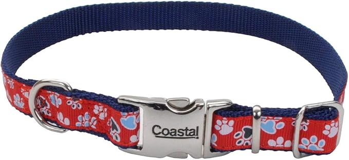 Coastal ribbon dog collar XS 8 - 12” red blue paw print