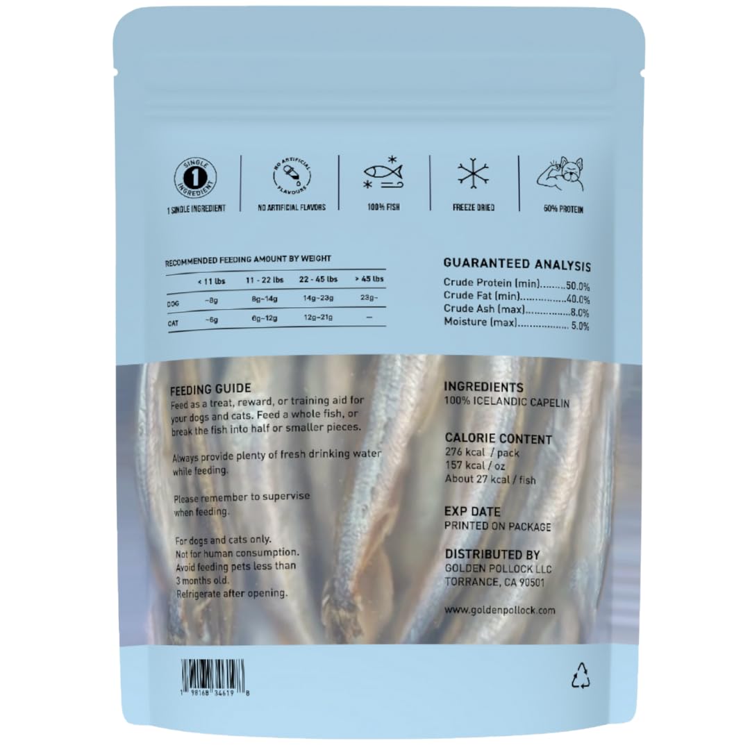 Crunchy Capelin - Cat and Dog Treat - 100% Capelin - Grain Free - Human Grade - All Natural - Single Ingredient - Freeze Dried - 1.73 Ounces