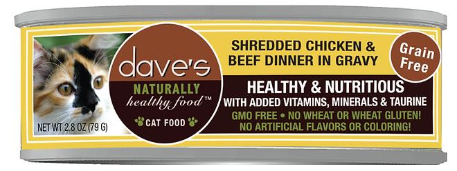 Daves naturally canned cat food shredded chicken and beef dinner in gravy