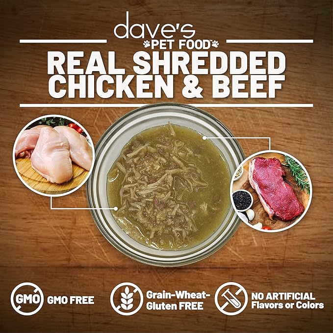 Daves naturally canned cat food shredded chicken and beef dinner in gravy
