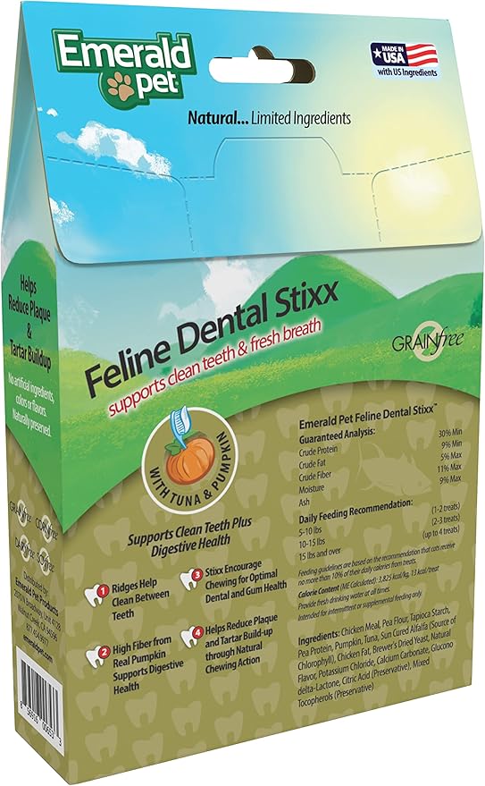 Emerald pet feline dental stixx cat treats 3.6oz tuna pumpkin