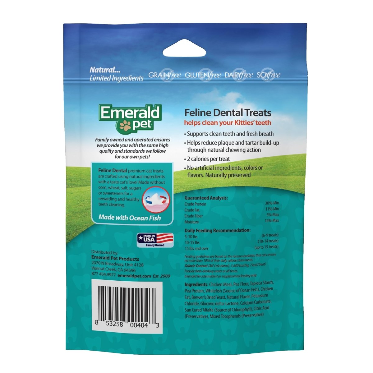 Emerald Pet Feline Tasty and Crunchy Cat Dental Treats Grain Free - Ocean Fish Treats - 3 oz - 853258004043