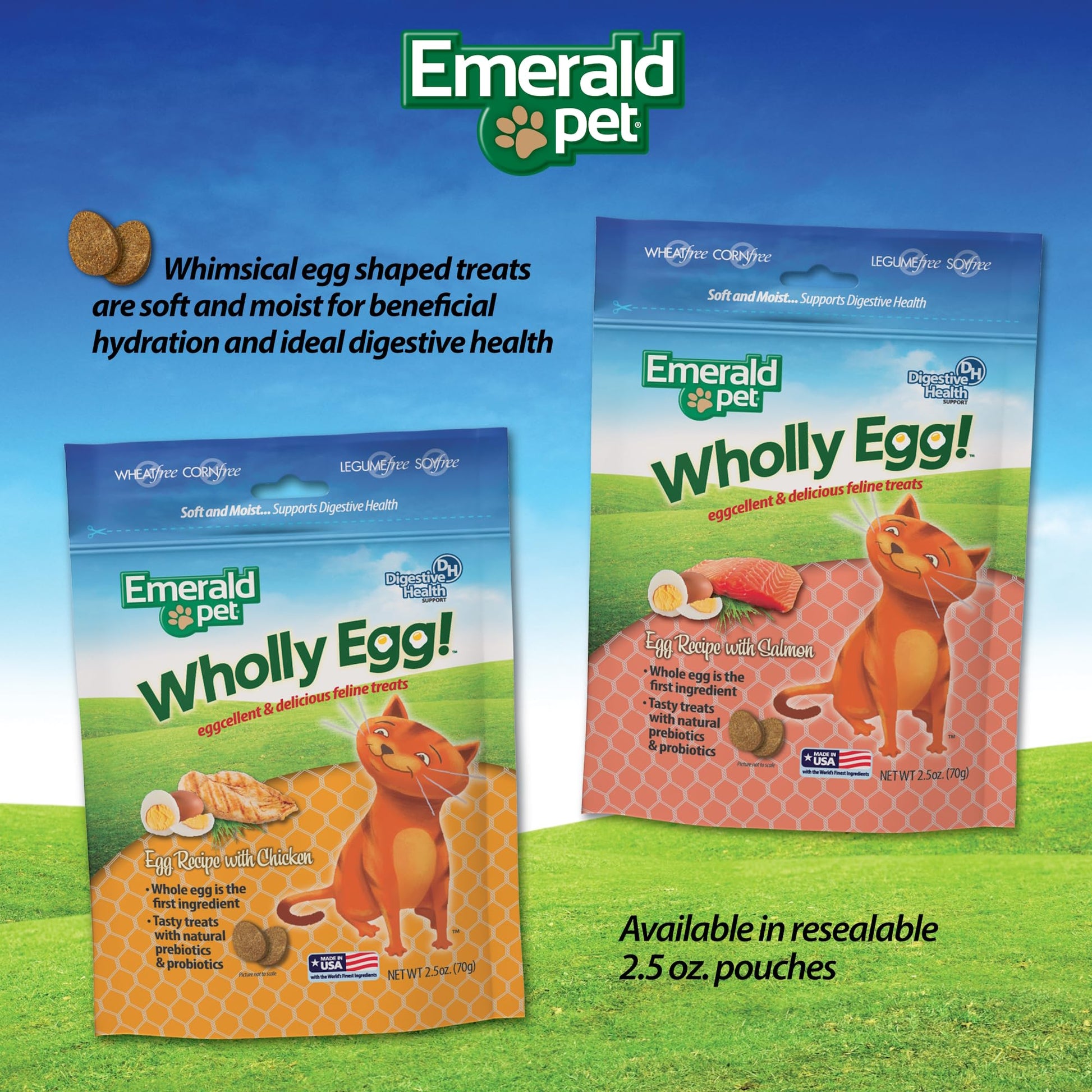 Emerald Pet Wholly Egg Digestive Health Cat Treats - Soft and Moist cat Treats for Healthy Digestion - Natural Prebiotics and Probiotics for cat Digestion - Salmon Treats, 2.5 oz