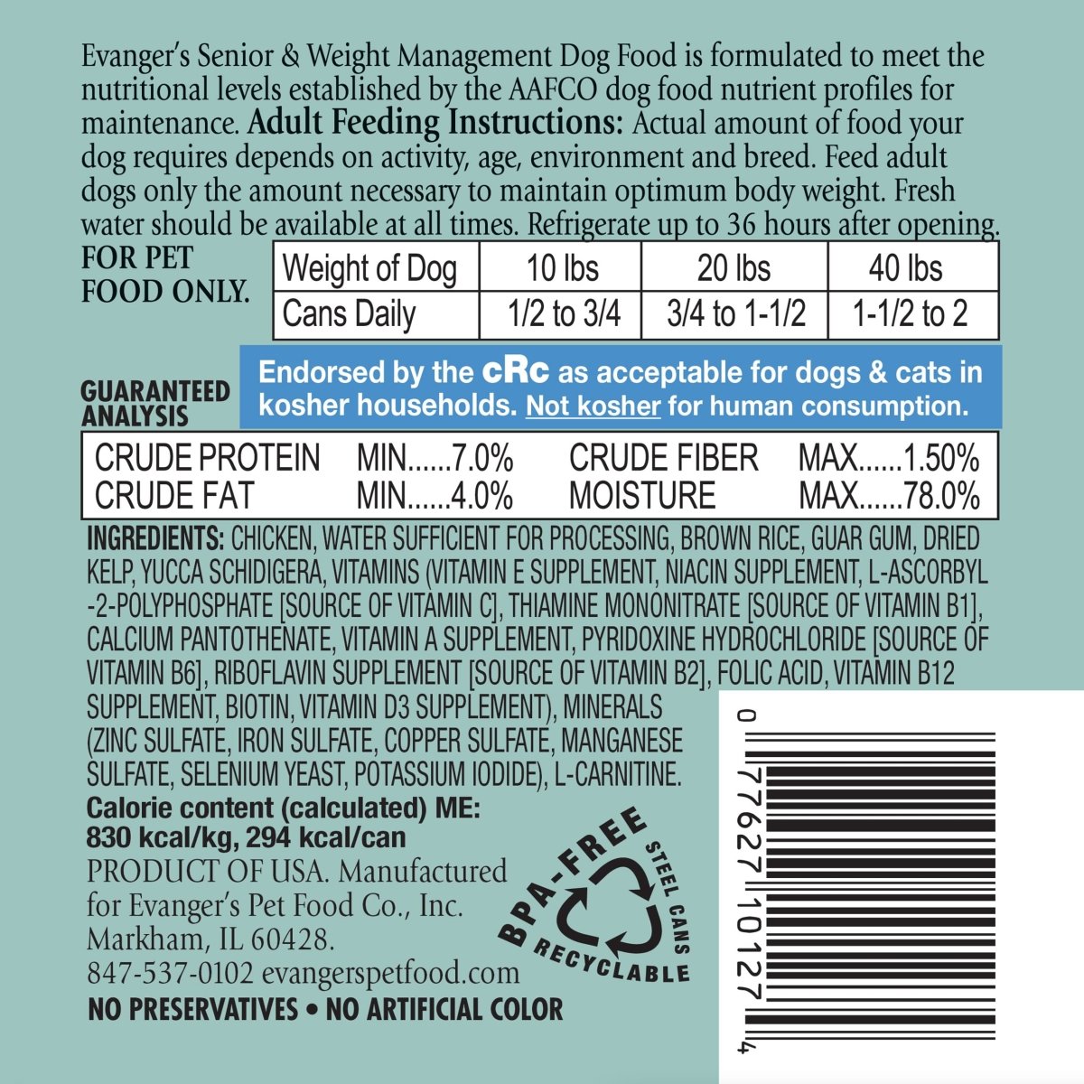 Evanger's Heritage Classics Senior & Weight Management for Dogs 12.5 oz Can - 077627101274