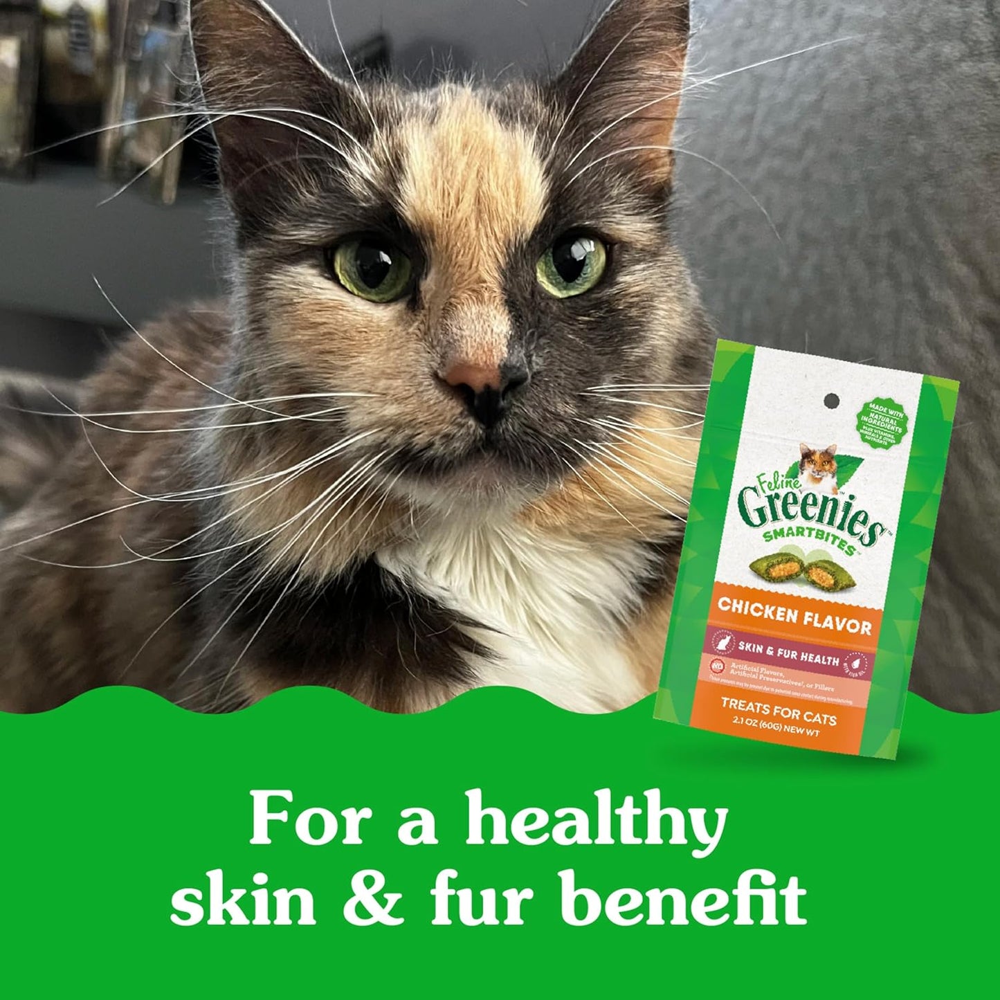 Feline greenies smartbites chicken flavor skin and fur health