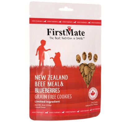 First mate New Zealand beef meal & blueberries grain free mini trainers dog treats 8oz