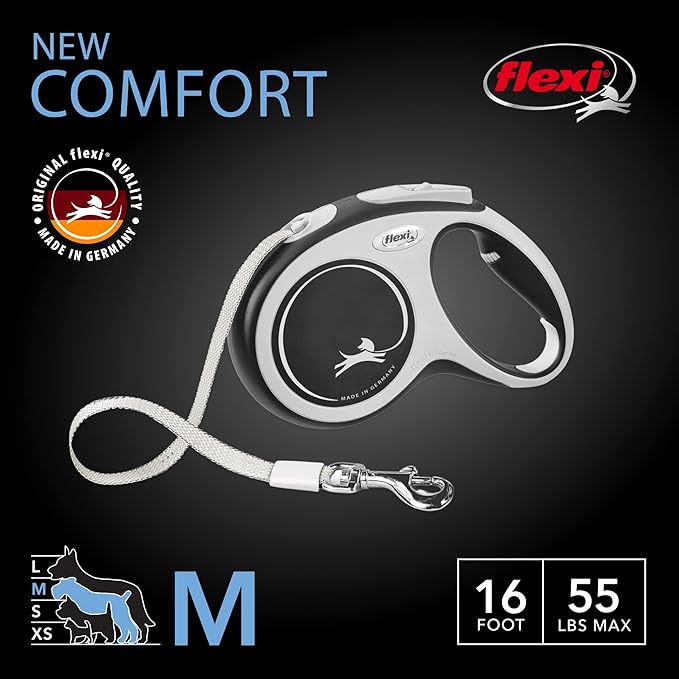 FLEXI New Comfort Retractable Dog Leash Tape - Ergonomic - Durable and Tangle Free Pet Walking Leash for Dogs Up to 55 lbs - Medium - Grey/Black - 16 ft