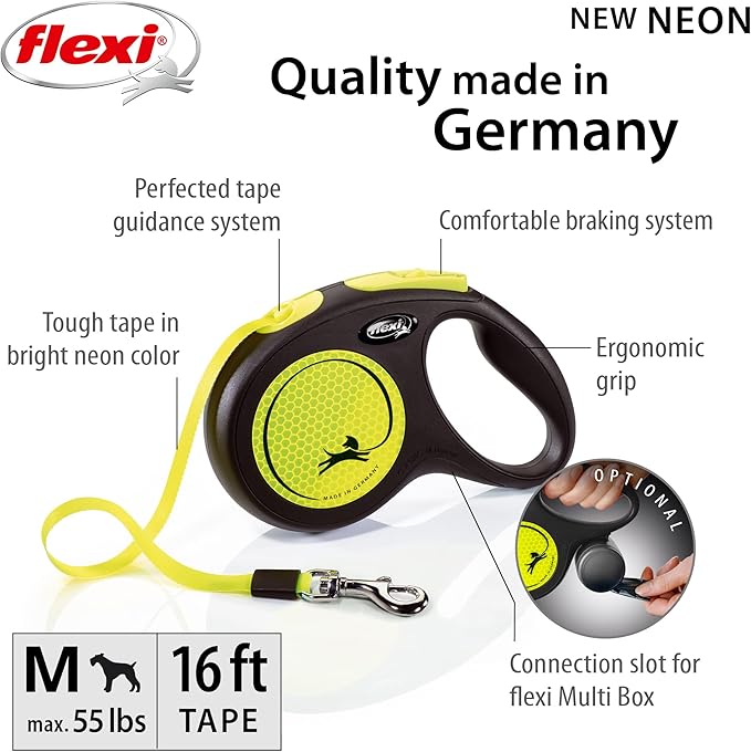 FLEXI New Neon Retractable Reflect Dog Leash Tape - Ergonomic - Durable and Tangle Free Pet Walking Leash for Dogs - Medium - Neon/Black - 16 ft