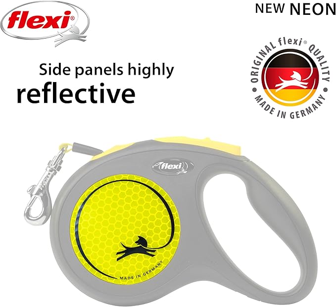 FLEXI New Neon Retractable Reflect Dog Leash Tape - Ergonomic - Durable and Tangle Free Pet Walking Leash for Dogs - Medium - Neon/Black - 16 ft