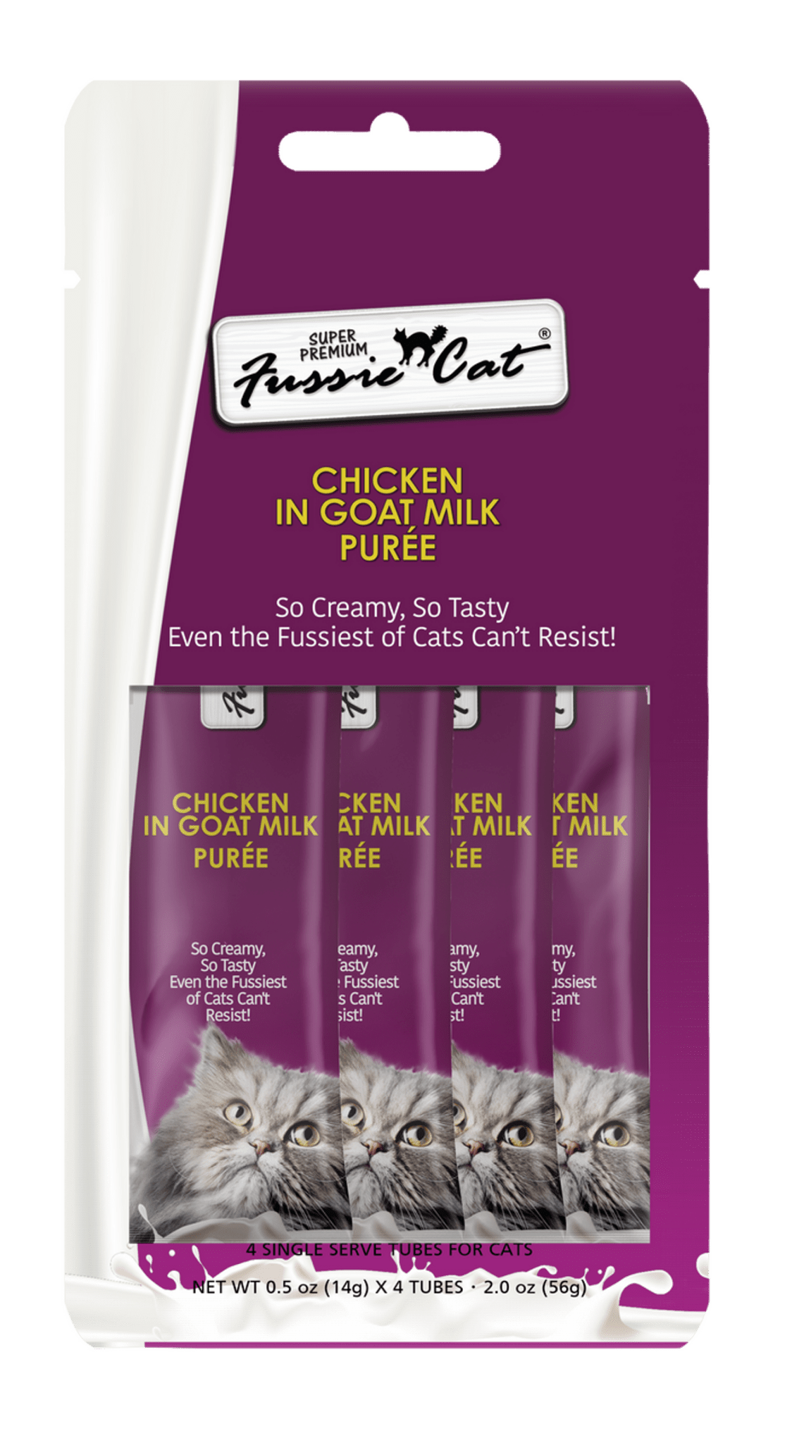 Fussie cat chicken in goat milk purée 4 count tubes