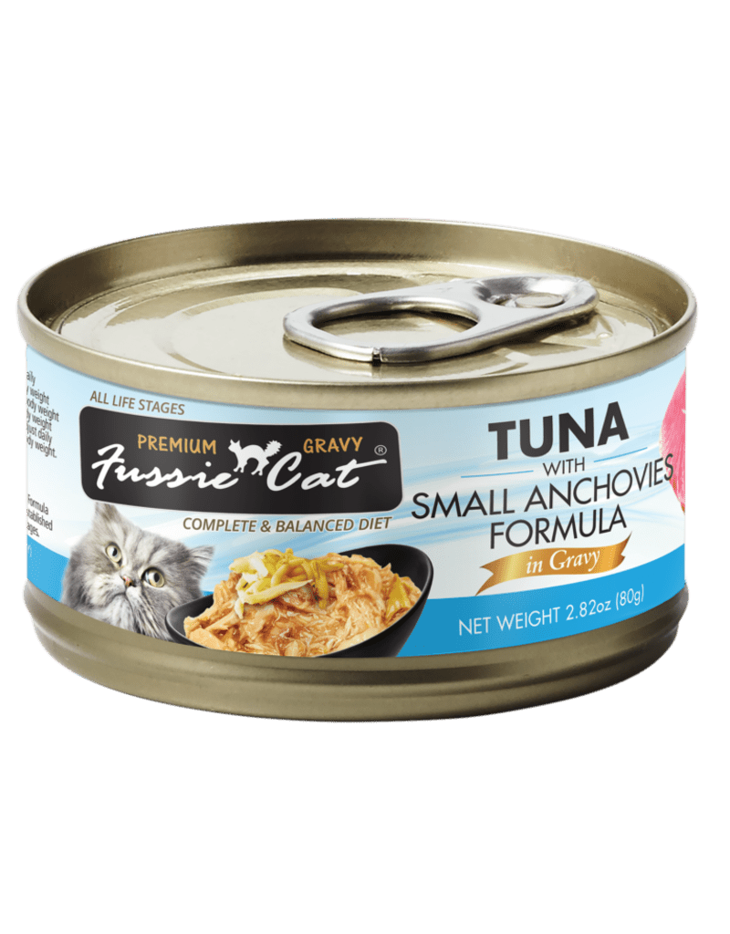 Fussie cat tuna small anchovies in gravy canned wet food 3oz cat food