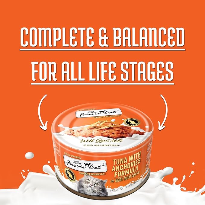 Fussie cat tuna with anchovies formula in goat milk gravy 2.47oz wet canned cat food