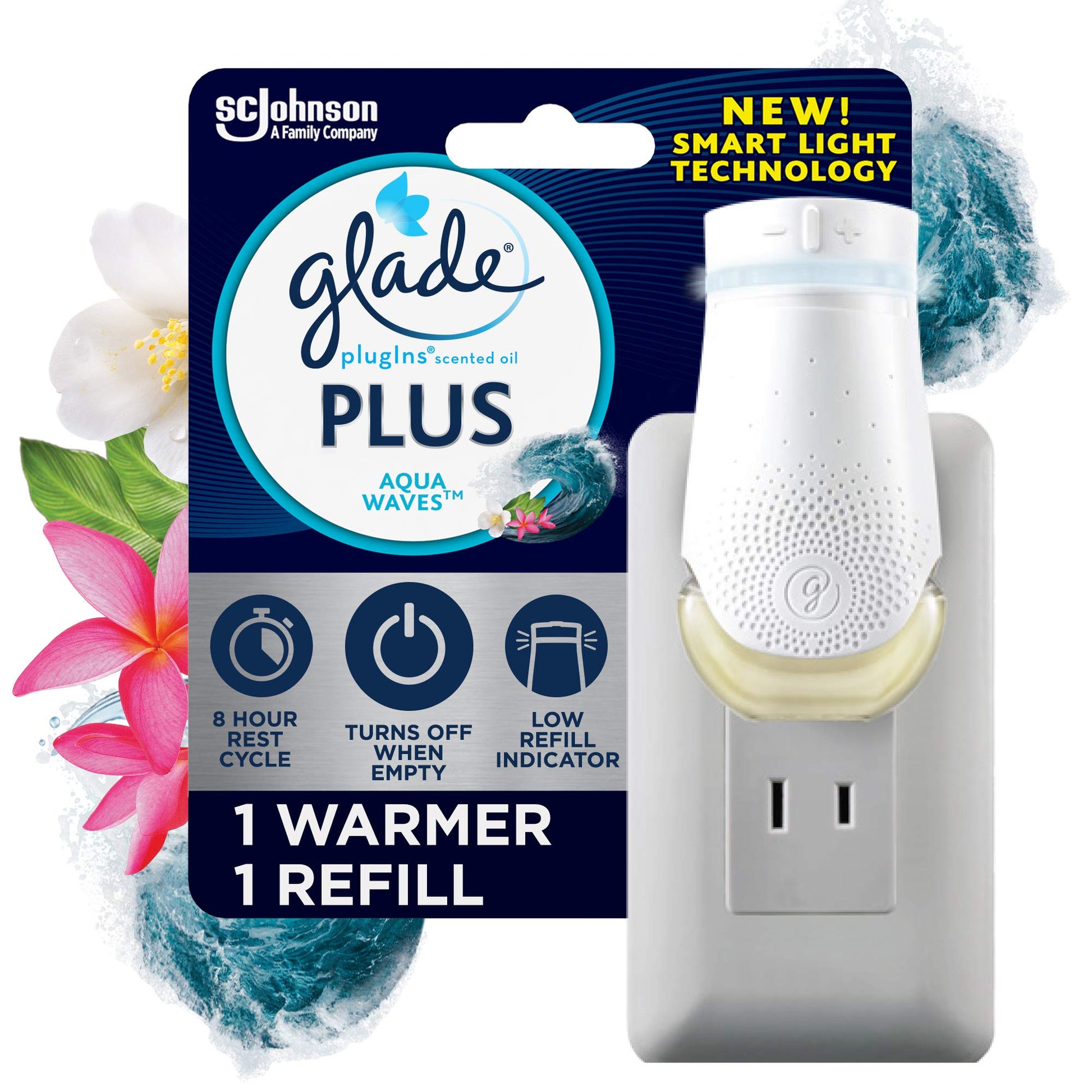 Glade Plugin Plus Air Freshener Starter Kit, Scented Oil For Home And Bathroom, Aqua Waves, 0.67 Fl Oz, 1 Warmer + 1 Refill