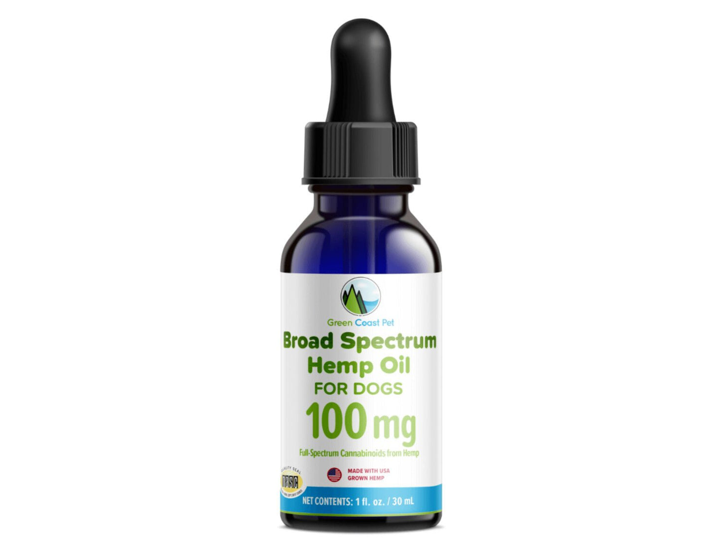 Green coast pet broad spectrum hemp oil 100mg cbd oil 1oz 30 droppers dog cbd topical bottle