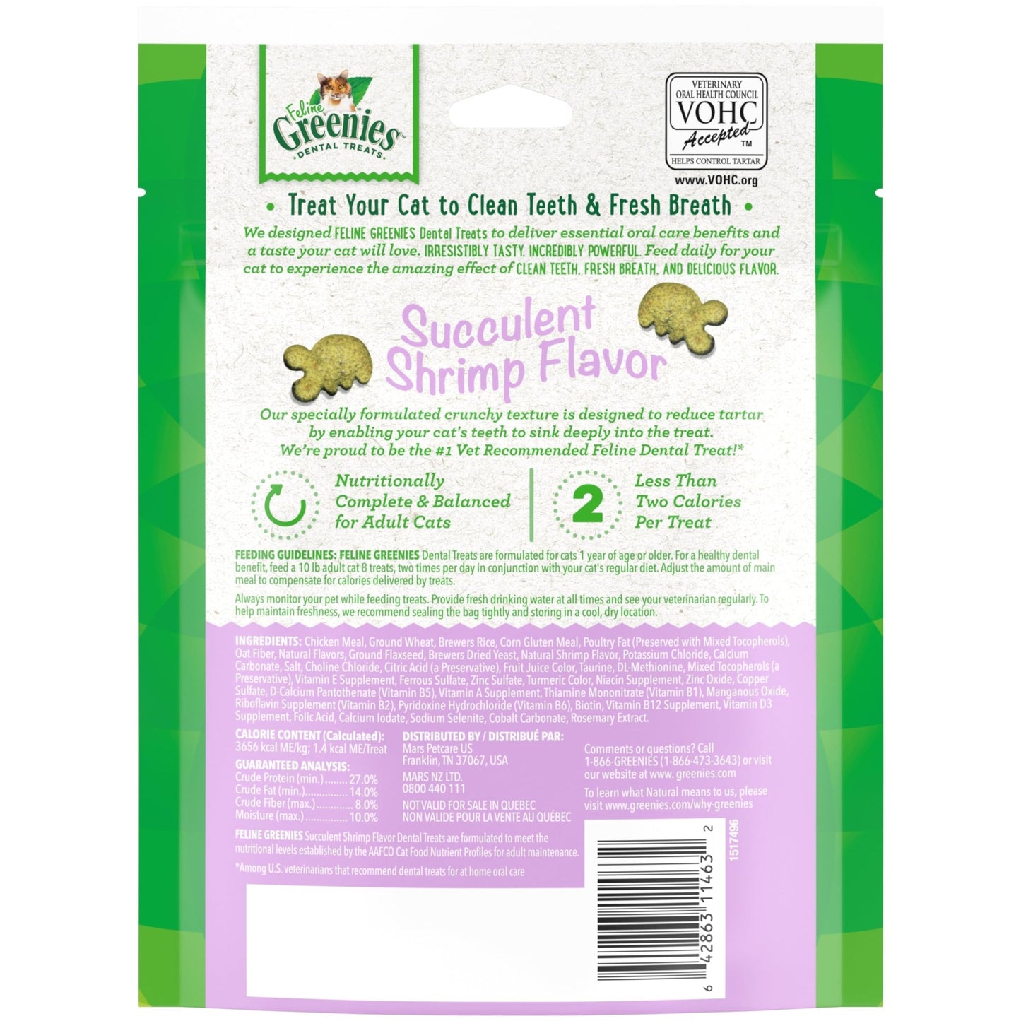 Greenies Feline Adult Natural Dental Care Cat Treats, Succulent Shrimp Flavor, 4.6 oz. Pouch
