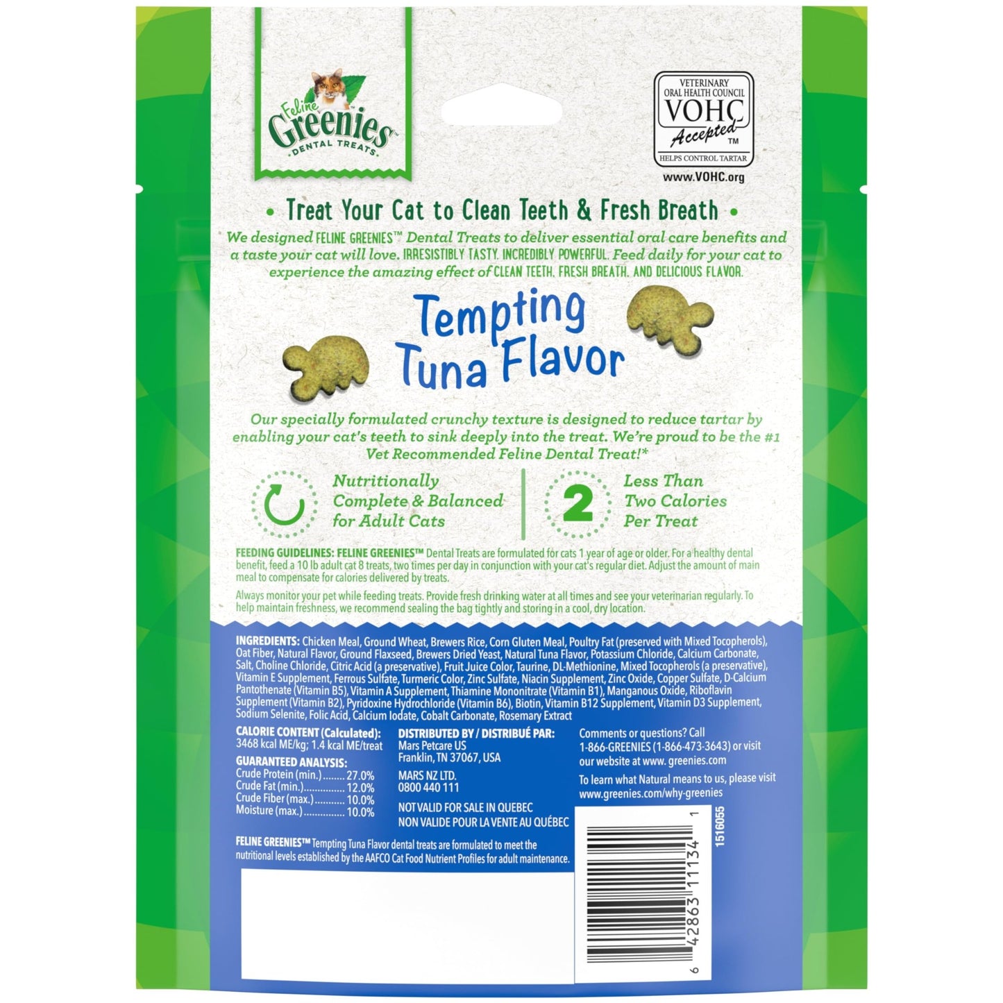 Greenies Feline Adult Natural Dental Care Cat Treats, Tempting Tuna Flavor, 4.6 oz. Pouch