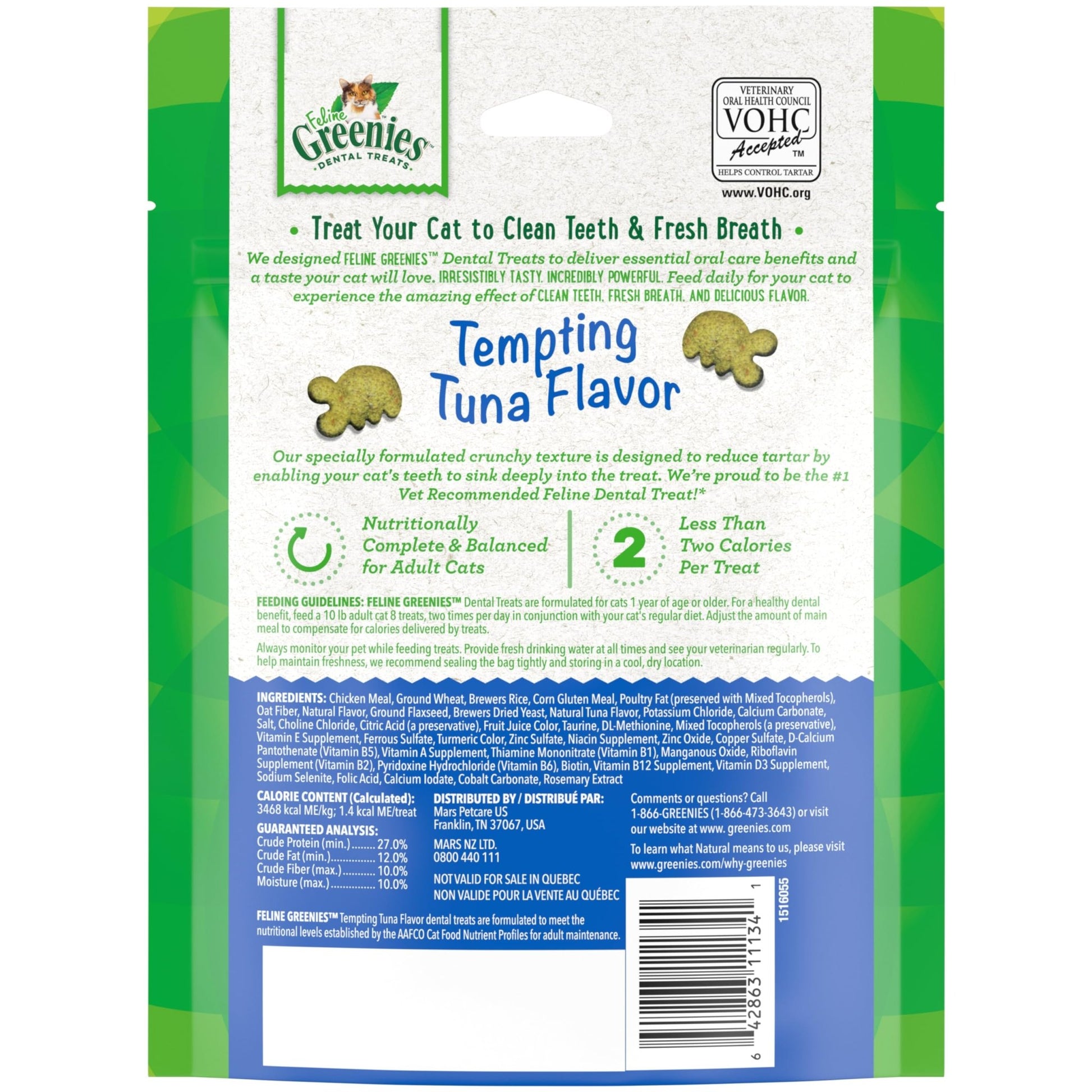 Greenies Feline Adult Natural Dental Care Cat Treats, Tempting Tuna Flavor, 4.6 oz. Pouch