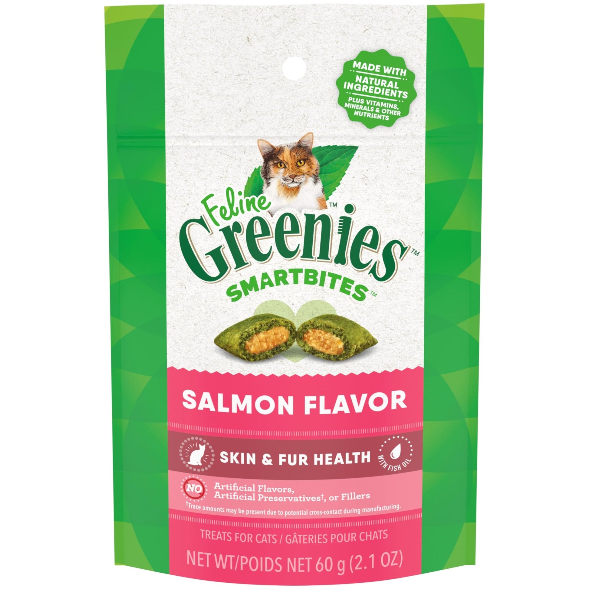 Greenies Feline Smartbites Skin & Fur Crunchy and Soft Natural Cat Treats, Salmon Flavor, 2.1 oz
