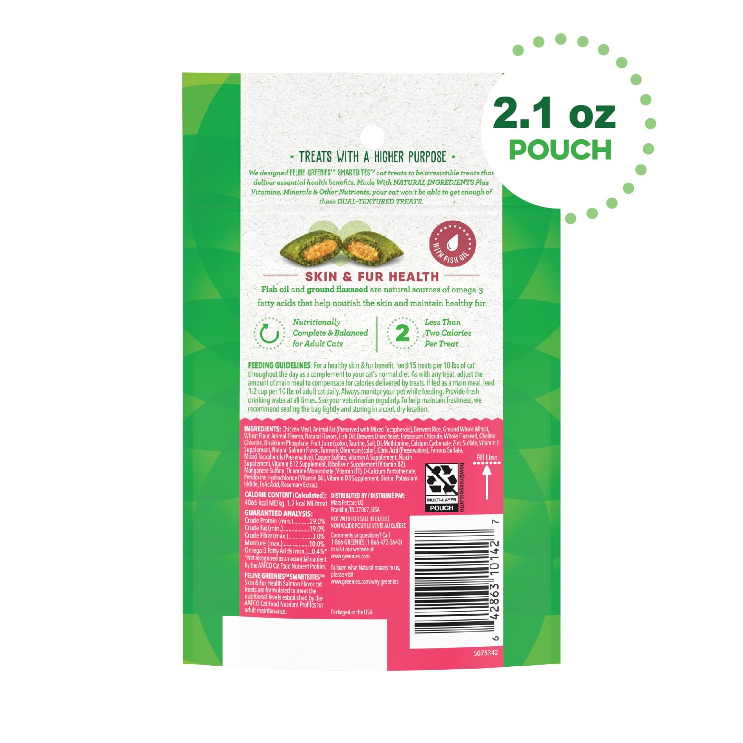 Greenies Feline Smartbites Skin & Fur Crunchy and Soft Natural Cat Treats, Salmon Flavor, 2.1 oz