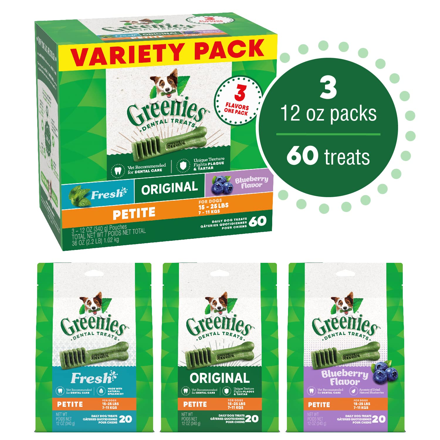 Greenies Petite Natural Dental Care Dog Treats, 36 oz. Variety Pack, 60 Total Treats(Pack of 1)
