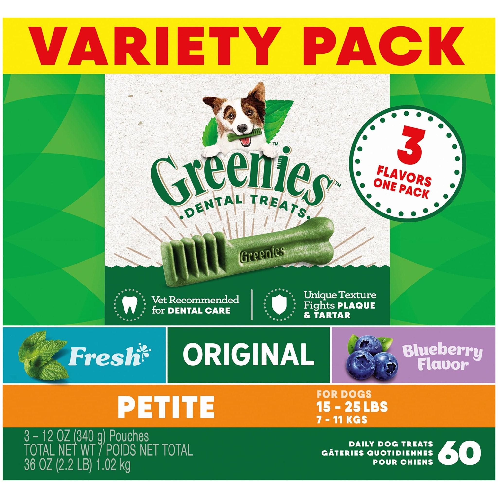 Greenies Petite Natural Dental Care Dog Treats, 36 oz. Variety Pack, 60 Total Treats(Pack of 1)