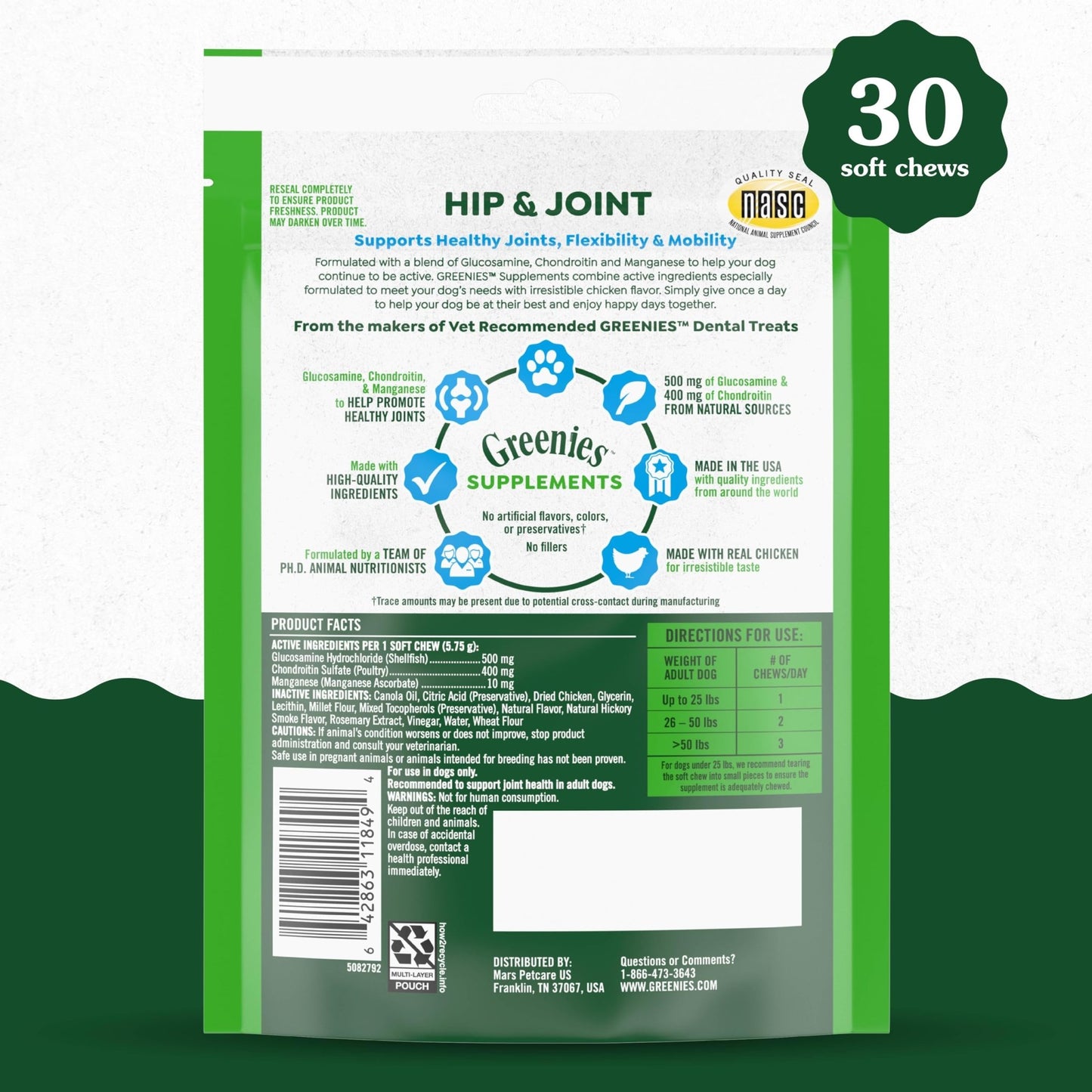 Greenies Supplements Hip and Joint Supplements for Dogs, Chicken Flavor, 6.08 oz., 30 Count Soft Chews Dog Joint Supplements