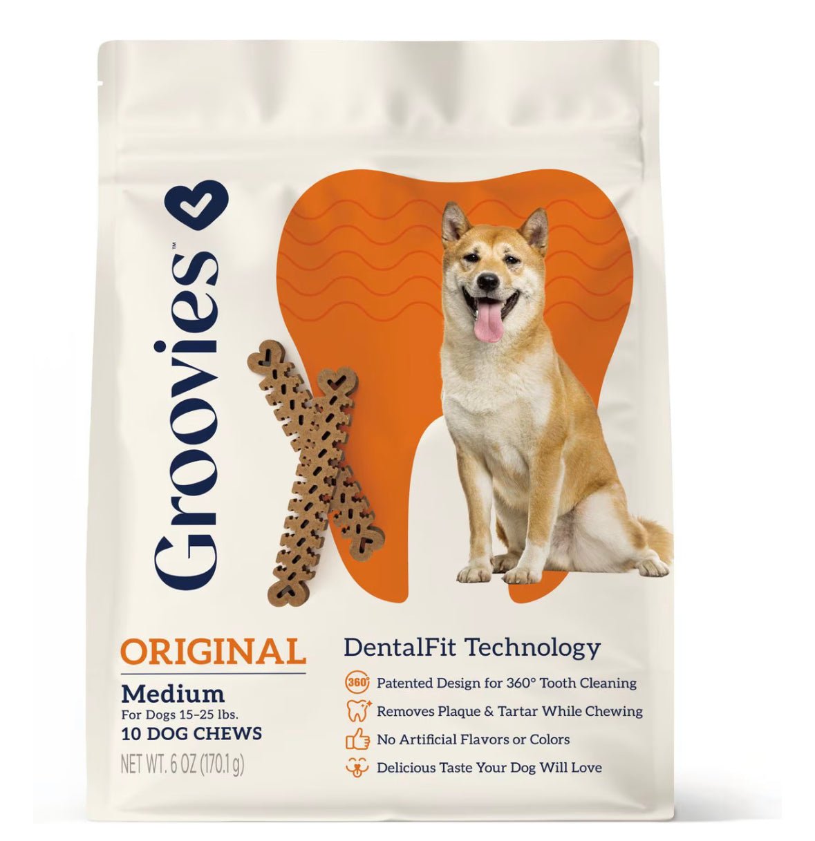 Groovies Original Medium Chicken Flavor Dental Dog Chews, 10 count