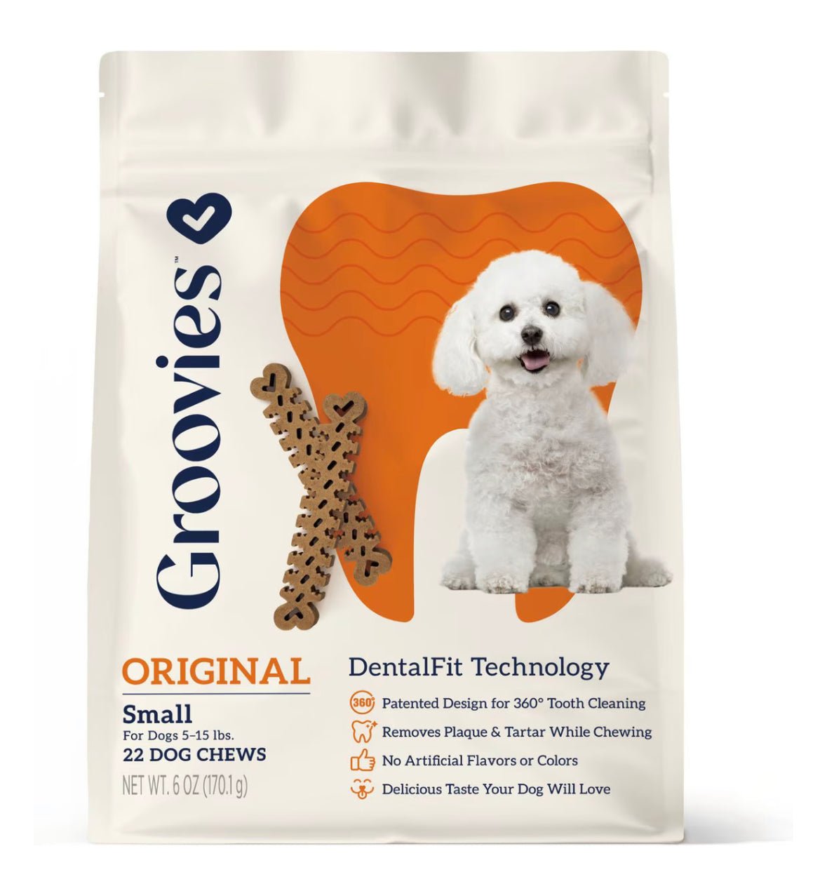 Groovies Original Small Chicken Flavor Dental Dog Chews, 22 count