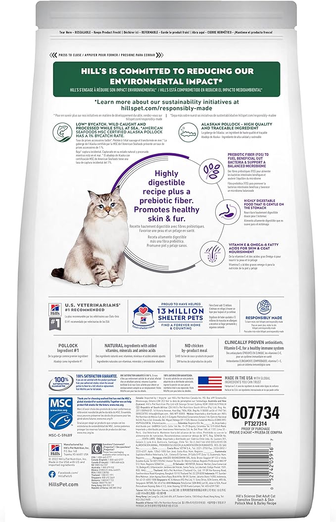 Hill's Science Diet Sensitive Stomach & Sensitive Skin Pollock Meal & Barley Recipe Adult Dry Cat Food, 3.5lb bag 607733