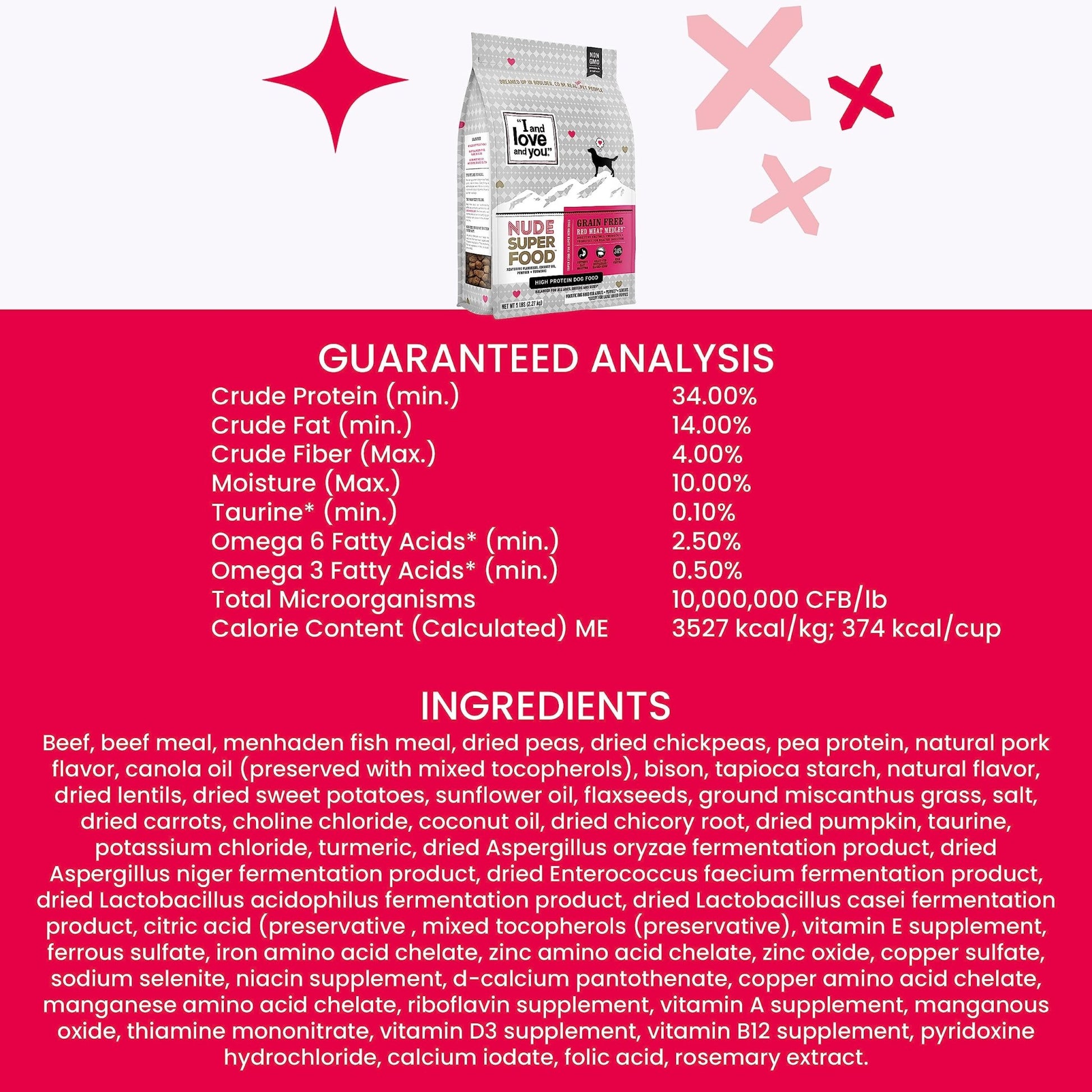 I and love and you Nude Super Food Dry Dog Food - Red Meat Medley - Prebiotic + Probiotic, Grain Free, Real Meat, No Fillers, 23lb Bag