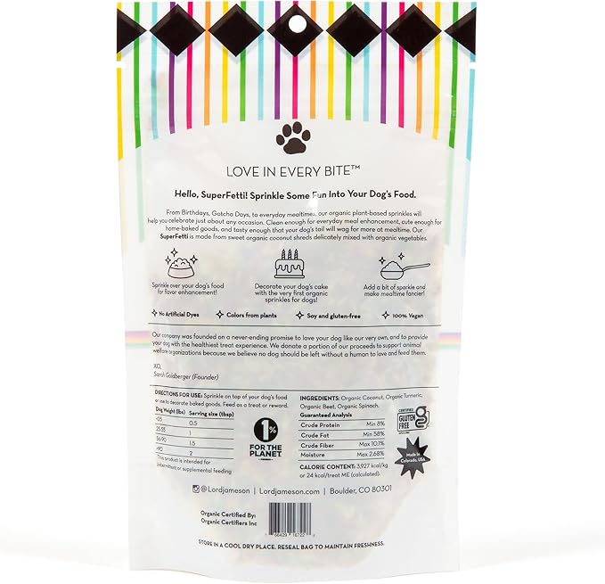 Lord Jameson celebration superfetti superfood sprinkles organic coconut 3oz dog treats