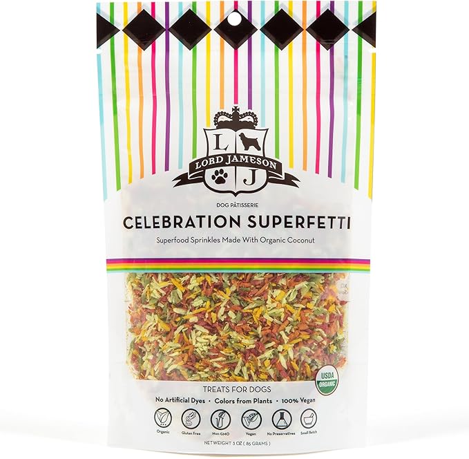 Lord Jameson celebration superfetti superfood sprinkles organic coconut 3oz dog treats