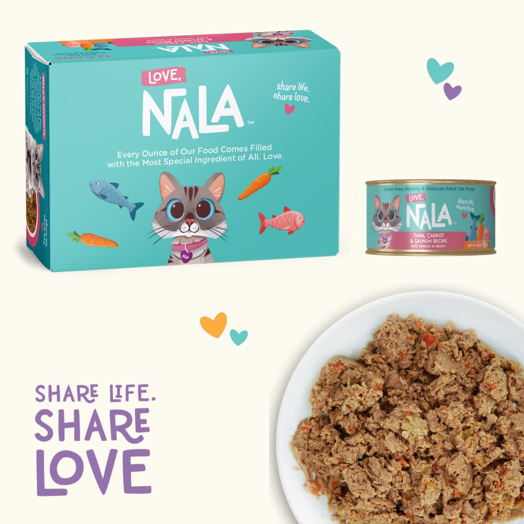 LOVE, NALA - Natural Adult Cat Wet Food - Pate Tuna, Carrot, & Salmon Recipe - Grain Free - Non - GMO - Digestive Fiber Blend - Minerals - Vitamins - 12 Pack - 2.4 lbs - cat food - 810113200255