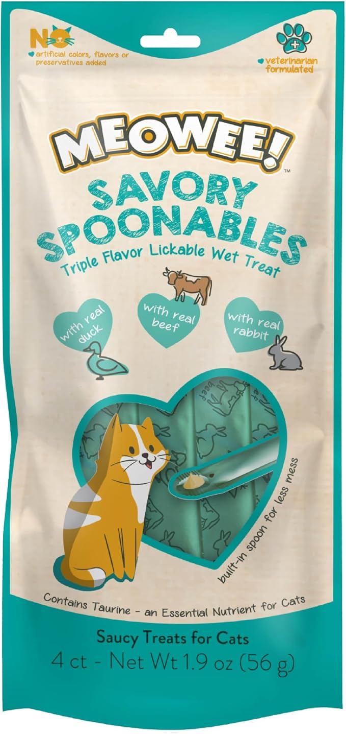 Meowee! Savory Spoonables with Real Duck, Beef & Rabbit Lickable Cat Treat, Squeezable Tube, 4 count