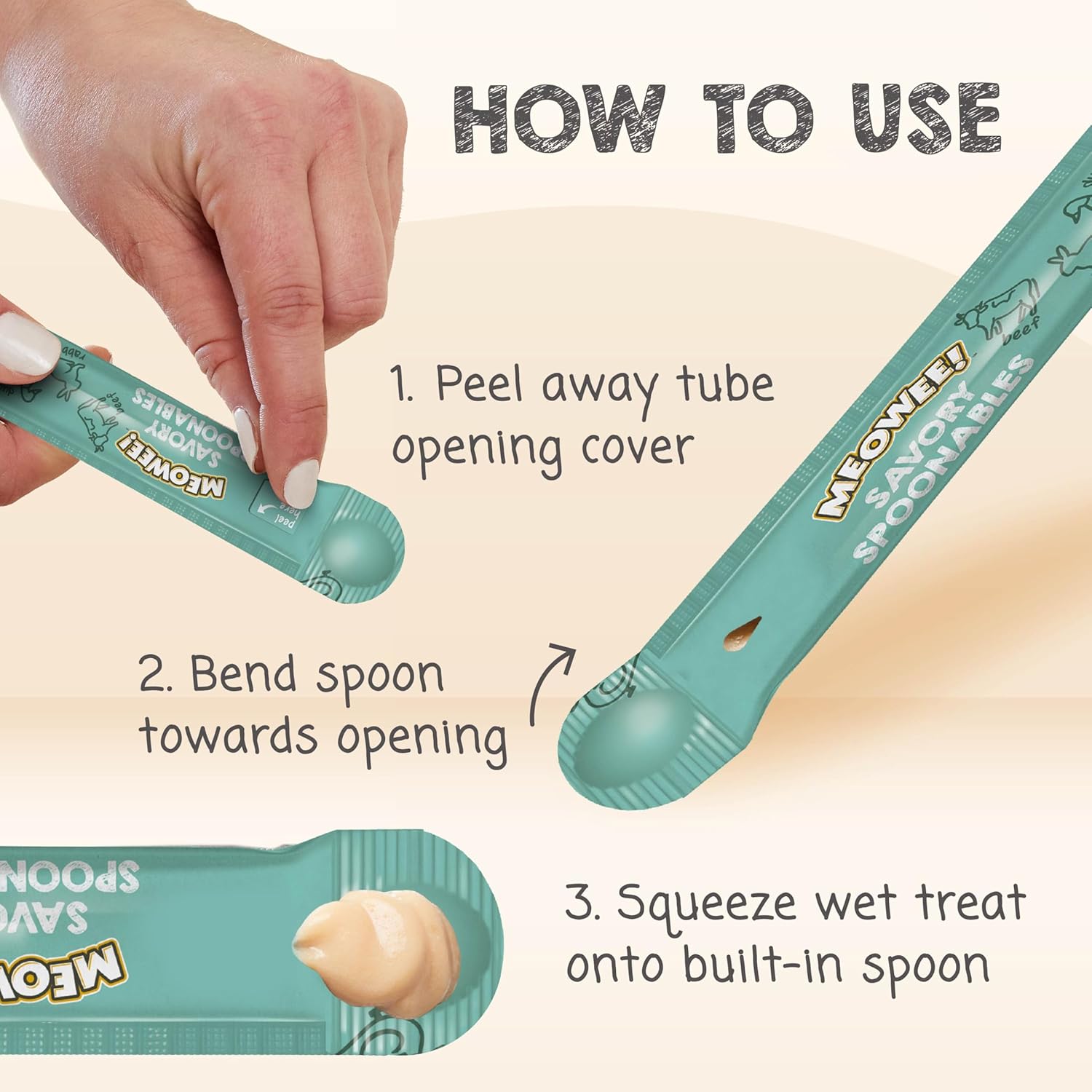 Meowee! Savory Spoonables with Real Duck, Beef & Rabbit Lickable Cat Treat, Squeezable Tube, 4 count