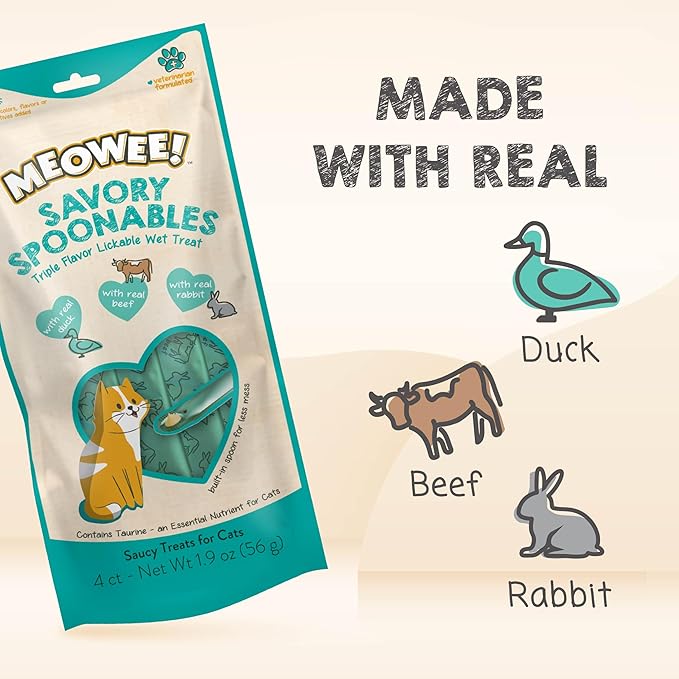 Meowee! Savory Spoonables with Real Duck, Beef & Rabbit Lickable Cat Treat, Squeezable Tube, 4 count