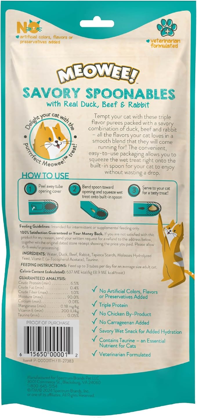 Meowee! Savory Spoonables with Real Duck, Beef & Rabbit Lickable Cat Treat, Squeezable Tube, 4 count
