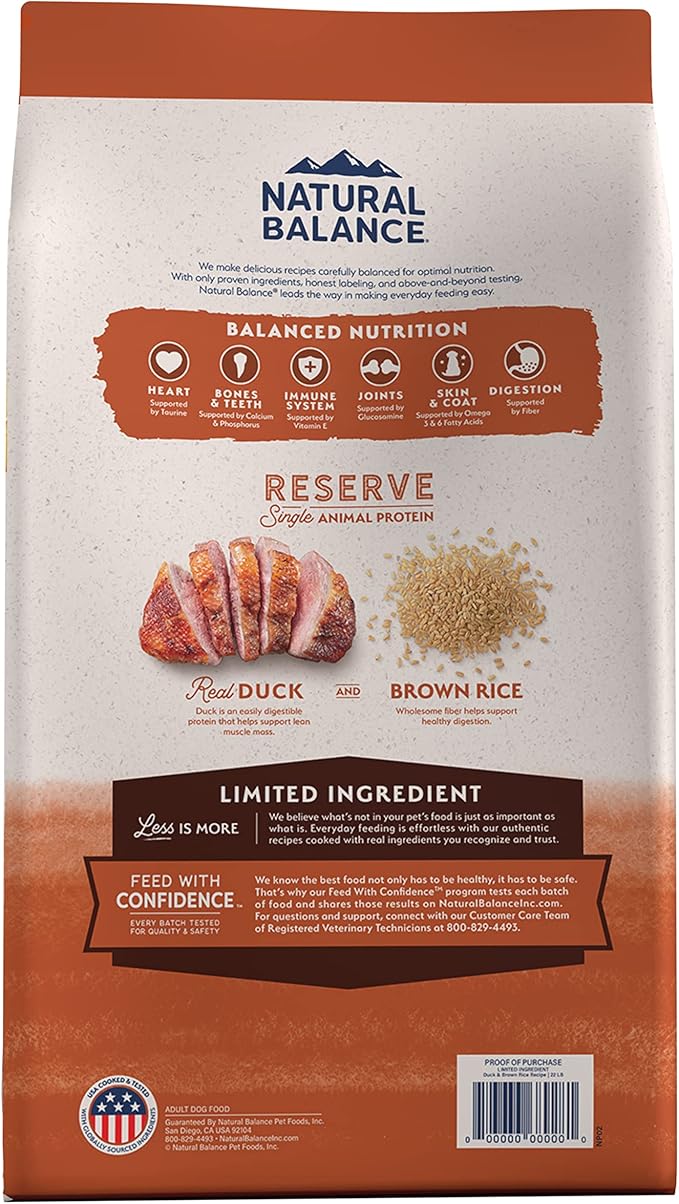 Natural balance limited ingredient Duck & brown rice recipe dry dog food 22lbs