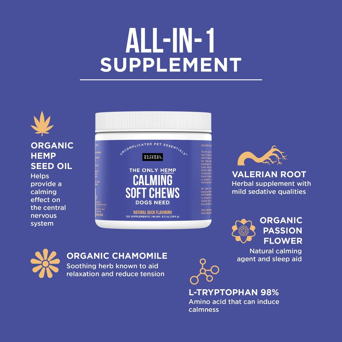 Natural Rapport Dog Calming Treats - The Only Calming Soft Chews That Dogs Need - 120ct Chews That Contain Chamomile to Alleviate Stress - 854106008237