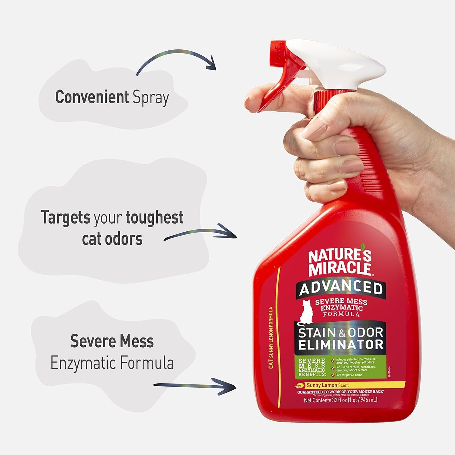 Natures miracle advanced severe mess enzymatic formula stain & odor eliminator sunny lemon scent 32oz spray bottle for cats