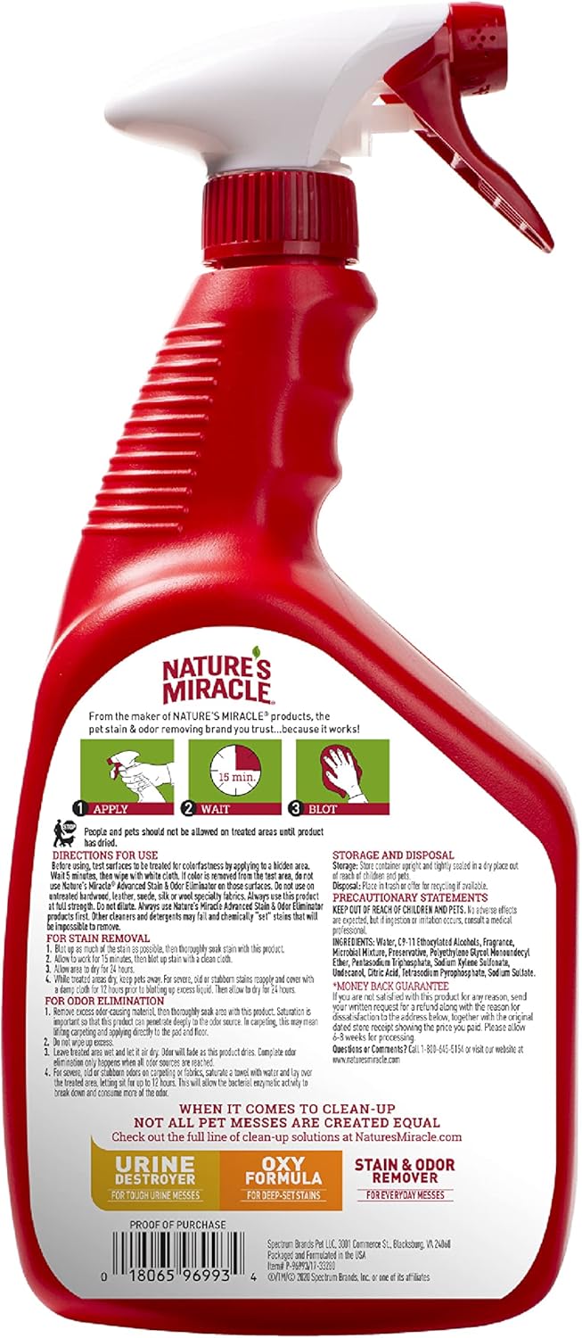 Natures miracle advanced severe mess enzymatic formula stain & odor eliminator sunny lemon scent 32oz spray bottle for cats