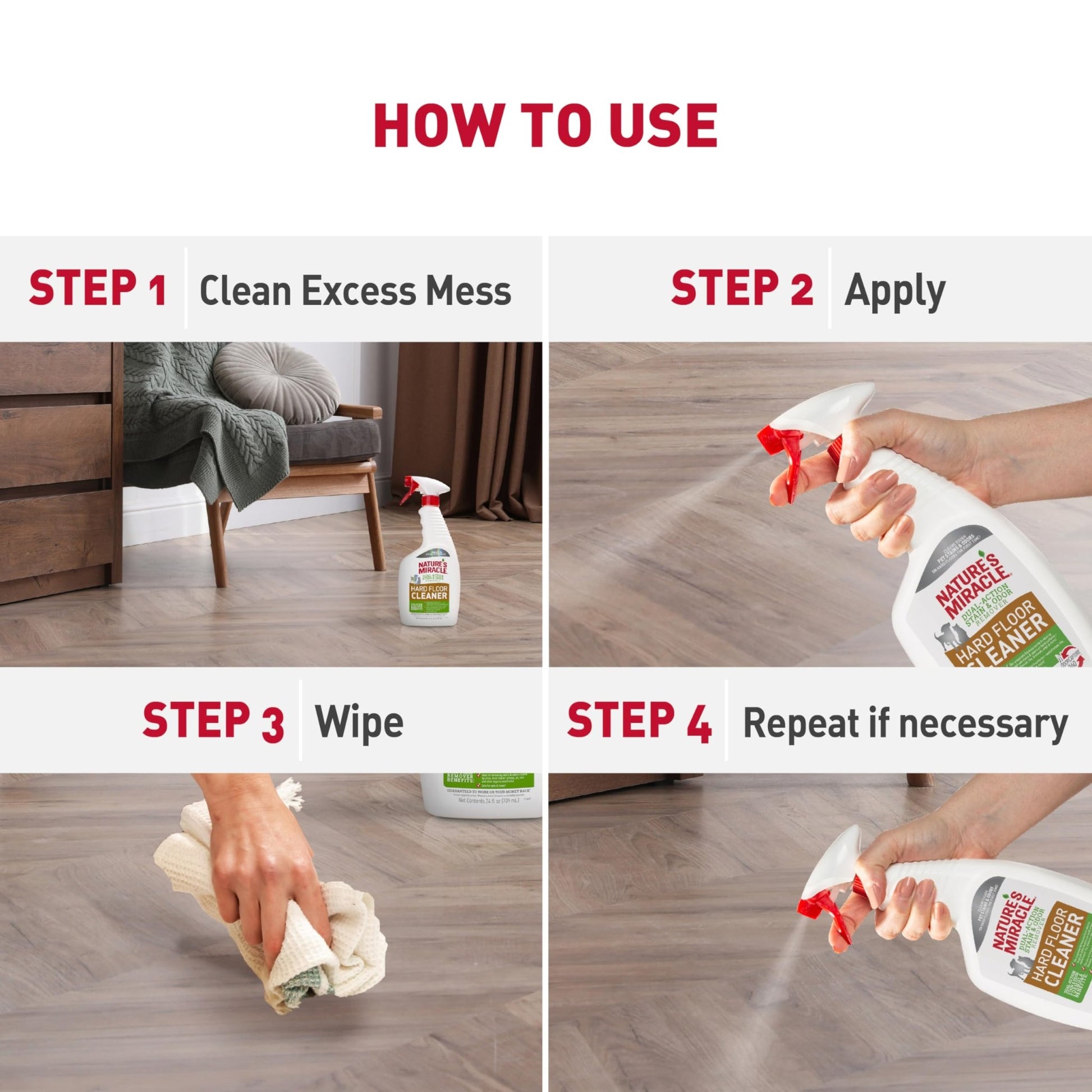 Nature'S Miracle Hard Floor Cleaner, 24 Ounces, Dual - Action Stain And Odor Remover Works To Remove Tough Pet Stains And Odors On Sealed Wood And Hard Floor Surfaces