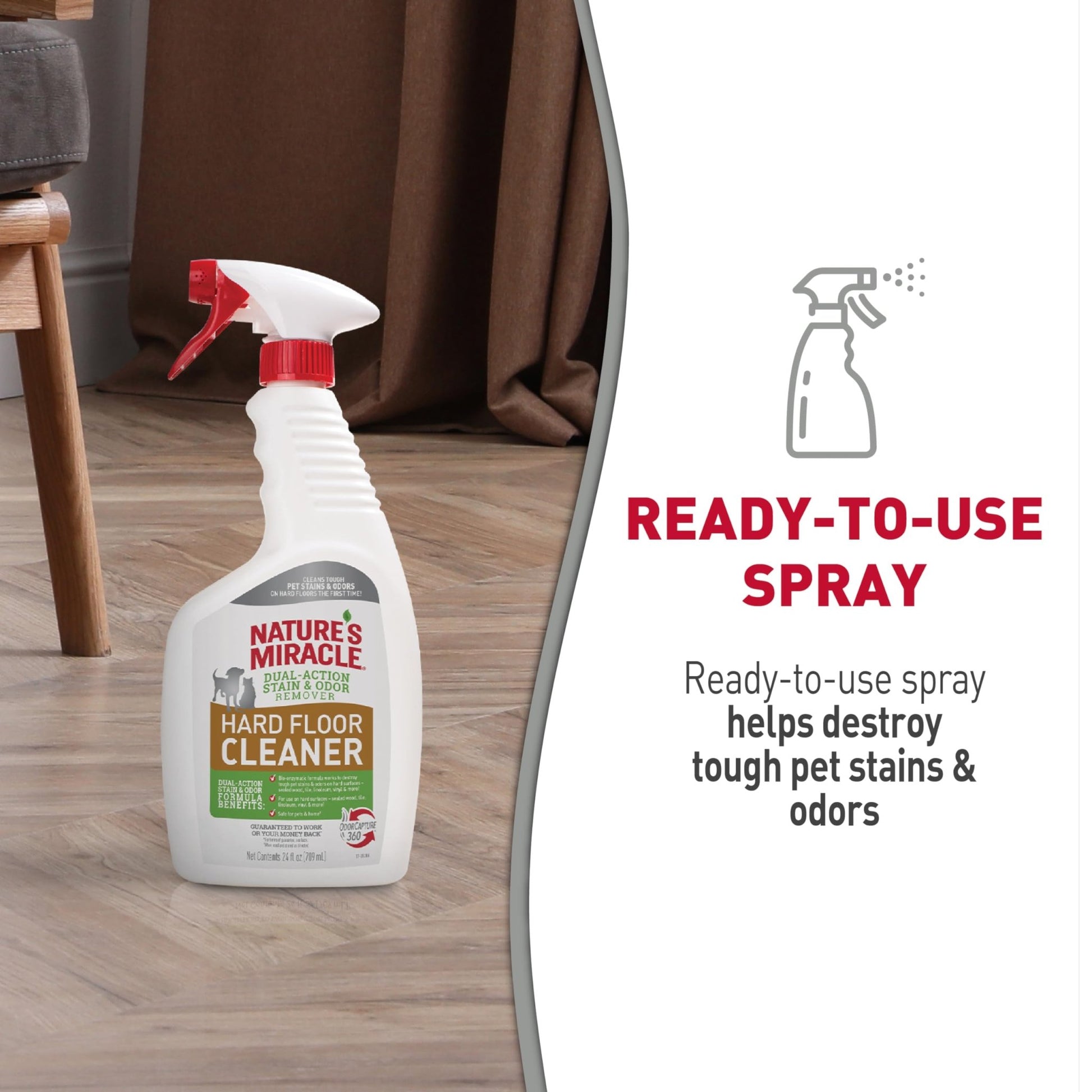 Nature'S Miracle Hard Floor Cleaner, 24 Ounces, Dual - Action Stain And Odor Remover Works To Remove Tough Pet Stains And Odors On Sealed Wood And Hard Floor Surfaces
