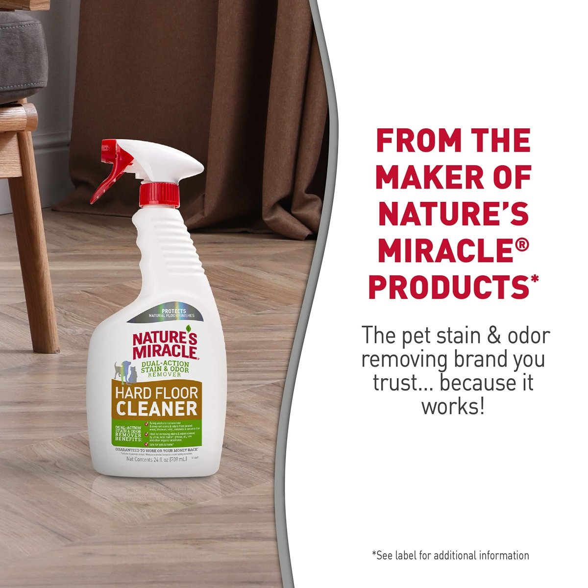 Nature's Miracle Hard Floor Cleaner, Dual - Action Stain & Odor Remover, Protects Natural Floor Finishes, 24 oz - 018065982254