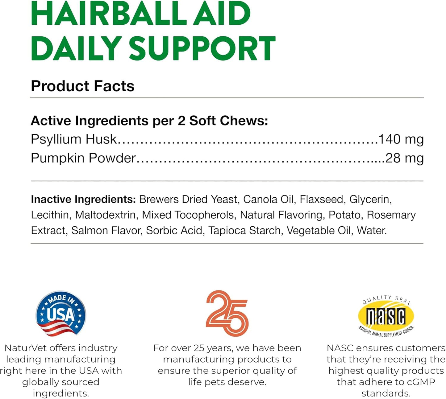 Naturvet hairball aid daily support + pumpkin 60 chews cat aid